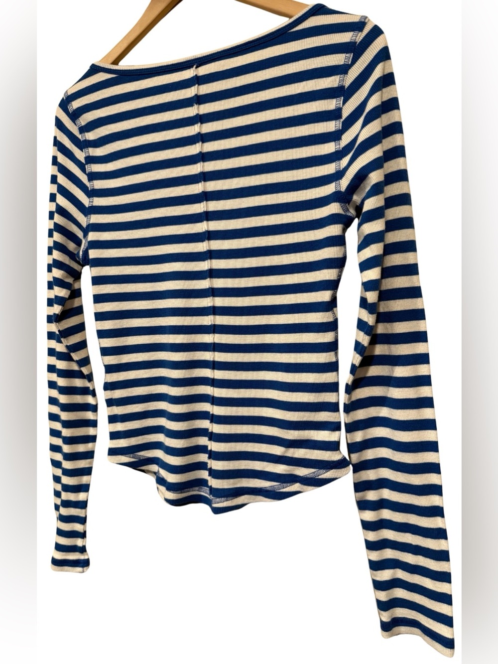 Anthropologie Pilcro Notched Long Sleeve Tee Blue Stripe M Ribbed Knit Cotton - Picture 7 of 9
